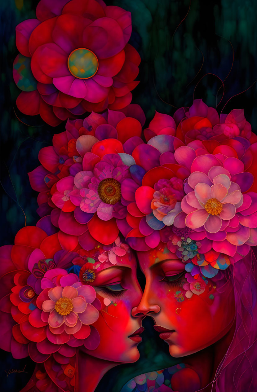 Colorful painting of two faces with floral headpieces on dark background