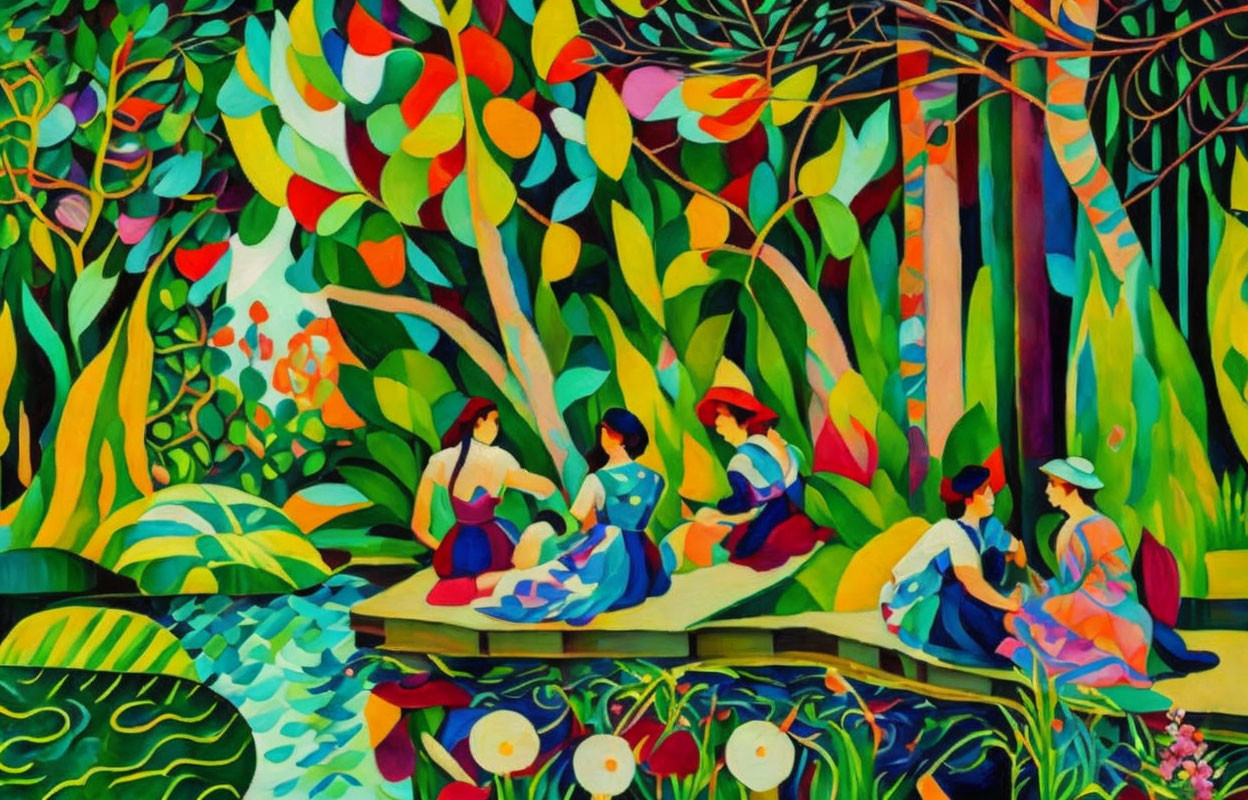 Colorful painting of people by riverbank with lush foliage and water lily pads