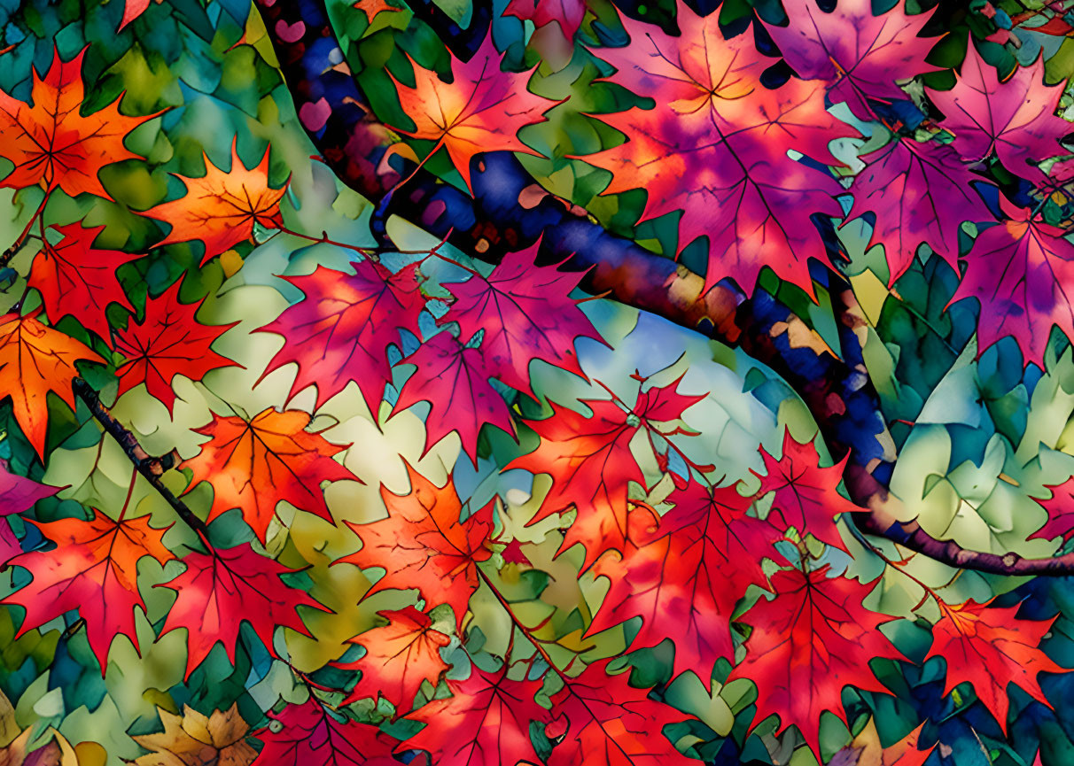 Multicolored autumn leaves in red, orange, yellow, and green against dark branches