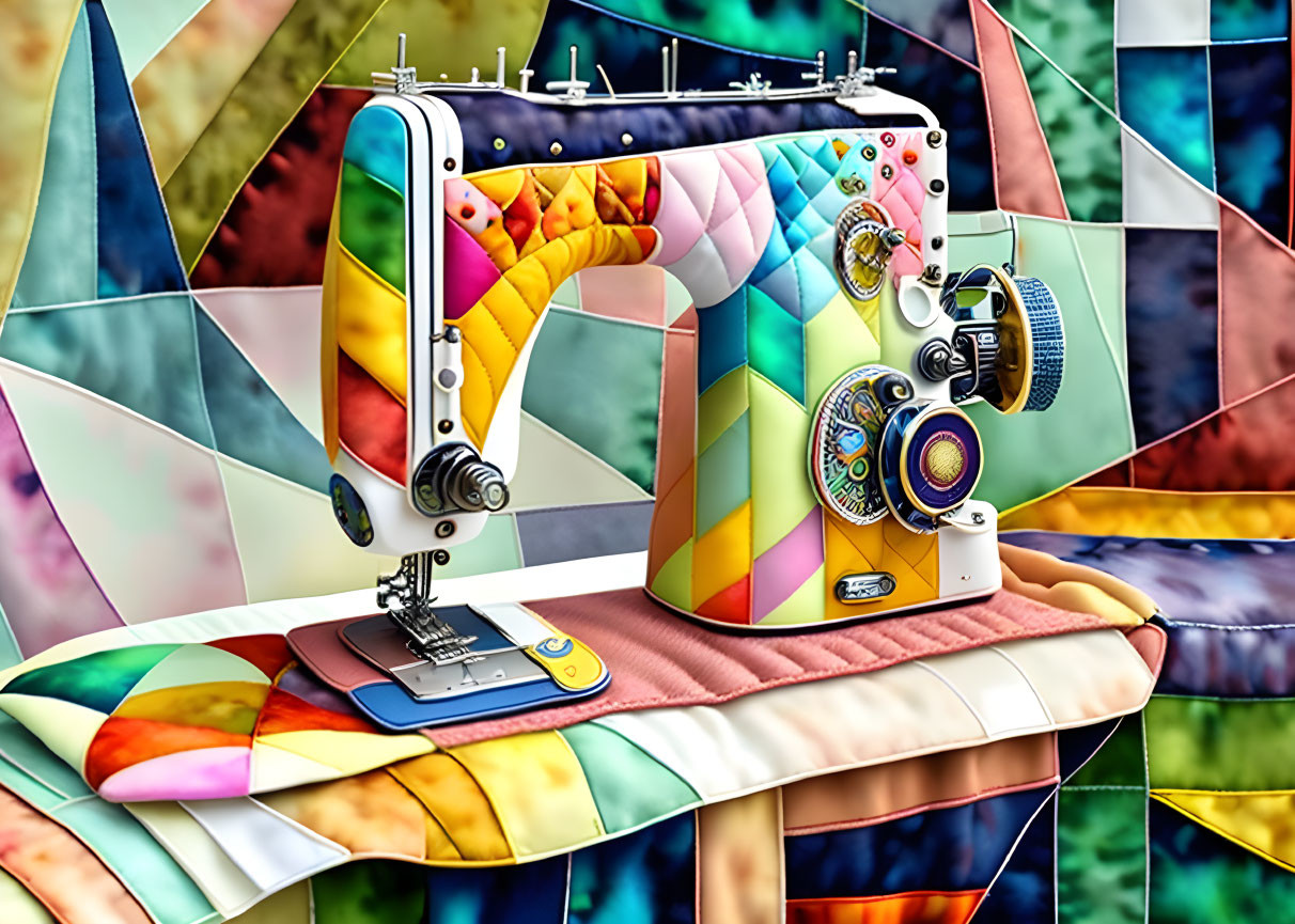 Vibrant sewing machine illustration with colorful quilt on patchwork background