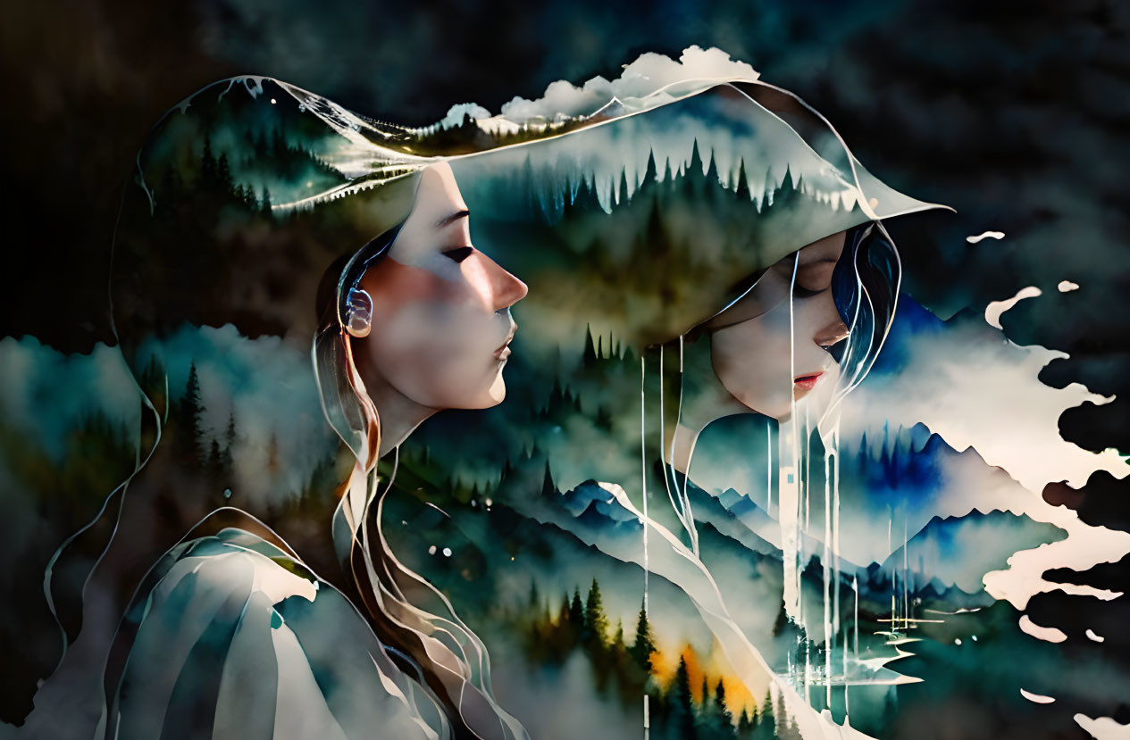 Surreal double exposure artwork of two women and nature landscape