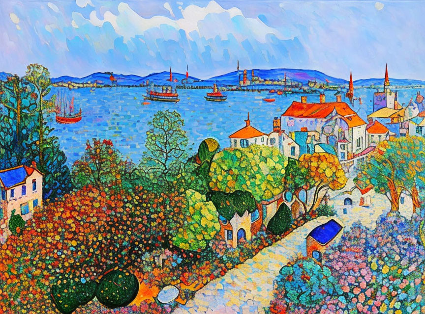 Colorful impressionistic painting of coastal village with gardens, houses, boats on sunny day
