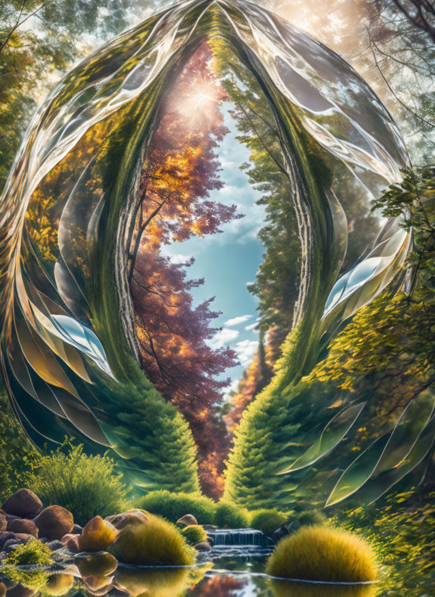 Mirrored forest scene with autumn trees, vortex, waterfall