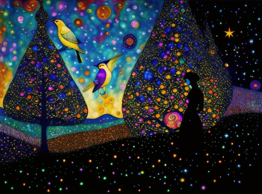 Colorful Silhouette Painting of Person under Starry Night Sky