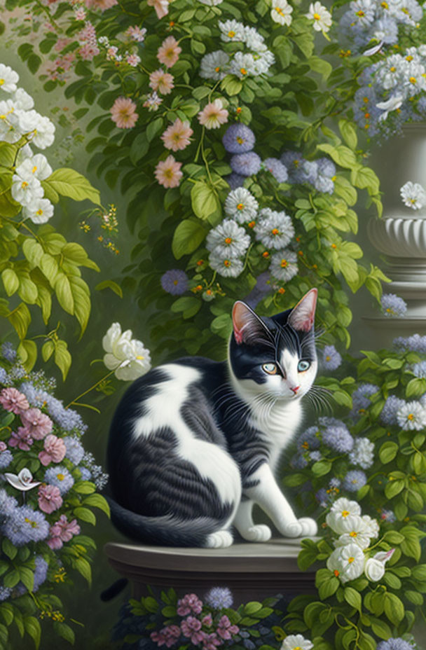 Black and White Cat Among Blooming Flowers