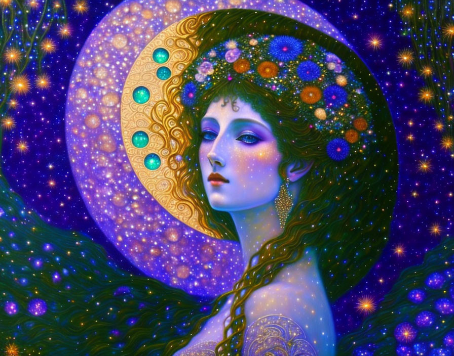 Surreal illustration of woman with galaxy-themed hair and celestial headpiece