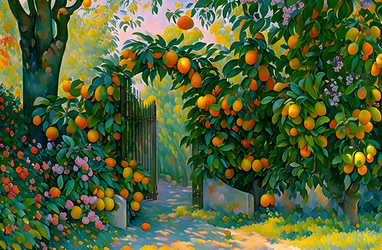 Lush Garden Pathway with Orange Trees and Wooden Gate at Sunset