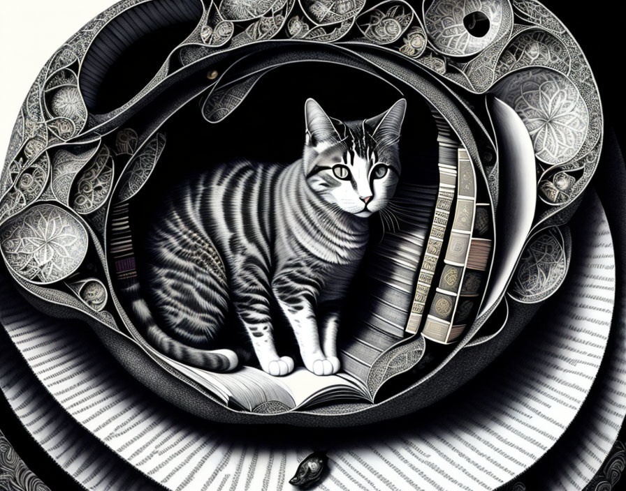 Striped Cat in Circular Black and White Patterned Frame