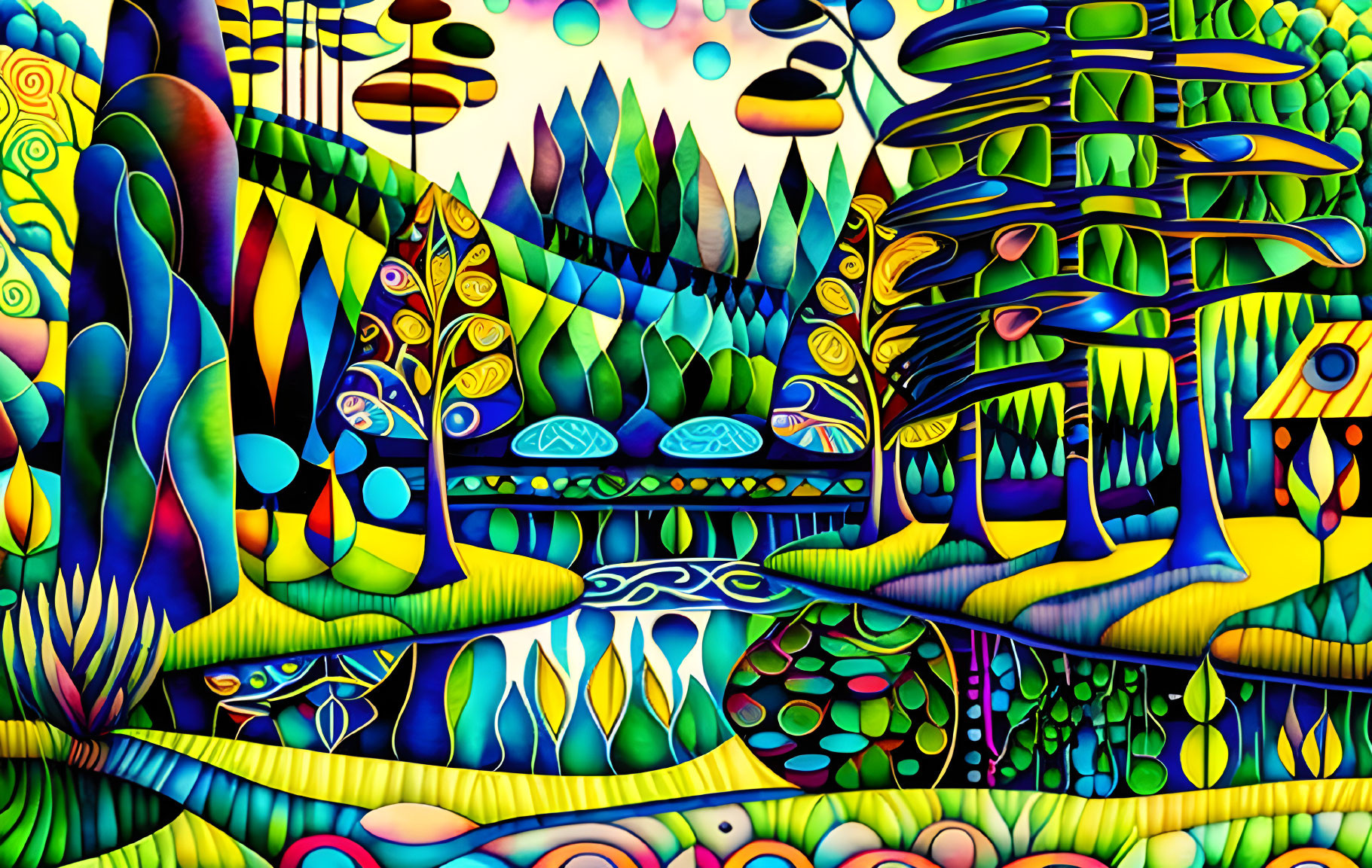 Abstract Psychedelic Landscape with Vibrant Colors and Natural Elements