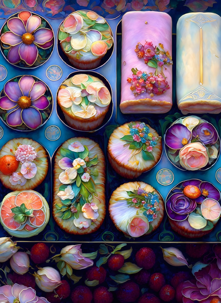 Colorful painting of floral soaps with citrus and berries in various shapes.