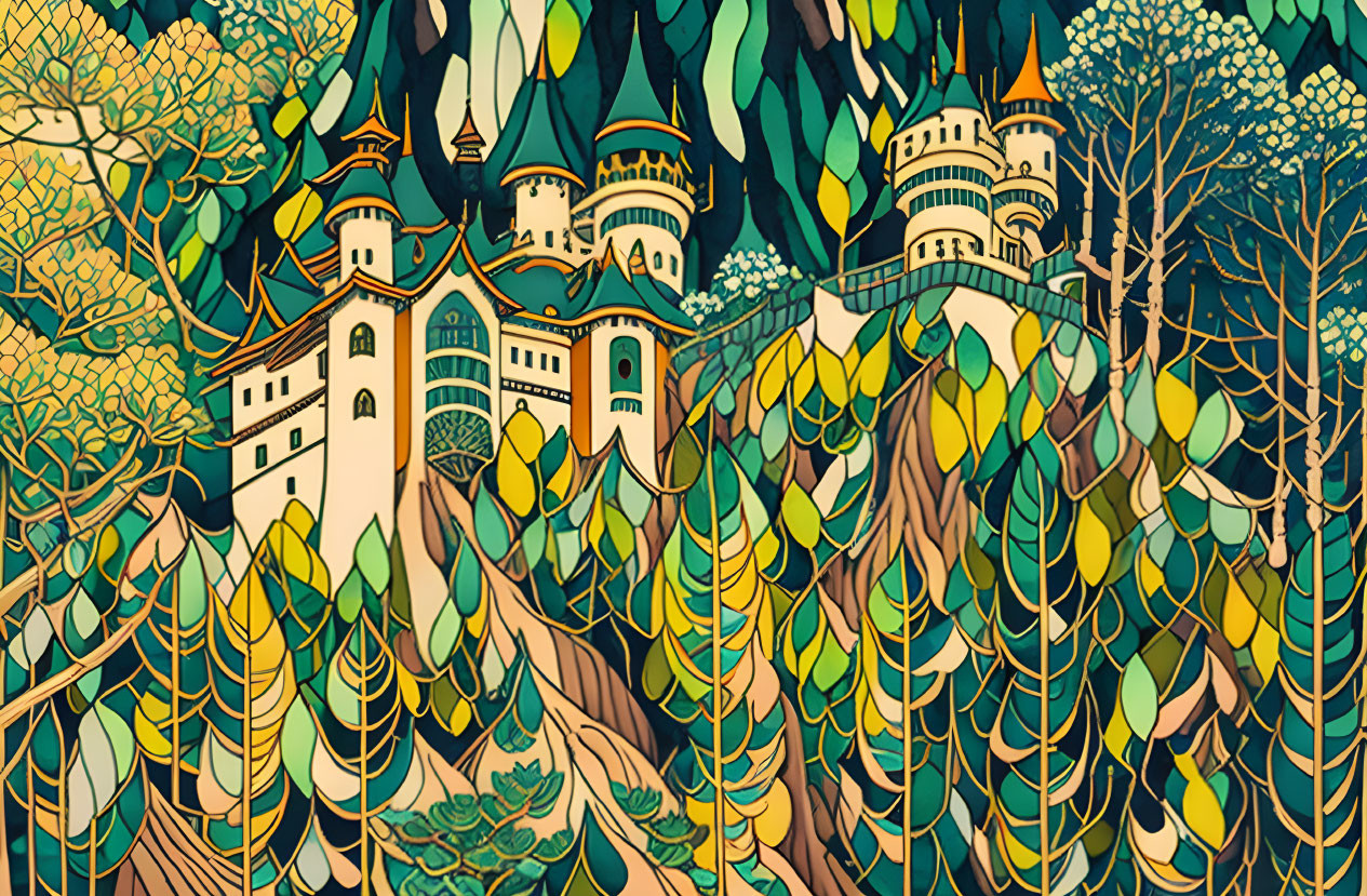 Whimsical forest illustration with vibrant trees and fairytale castle