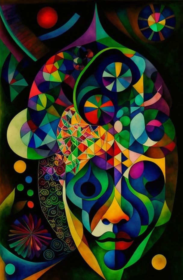 Colorful Abstract Art: Stylized Face Amid Mosaic of Shapes