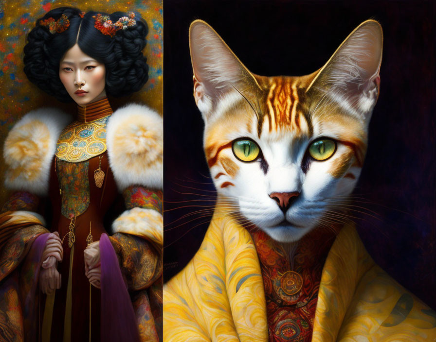 Split Image: Asian Woman in Traditional Attire Next to Stylized Cat