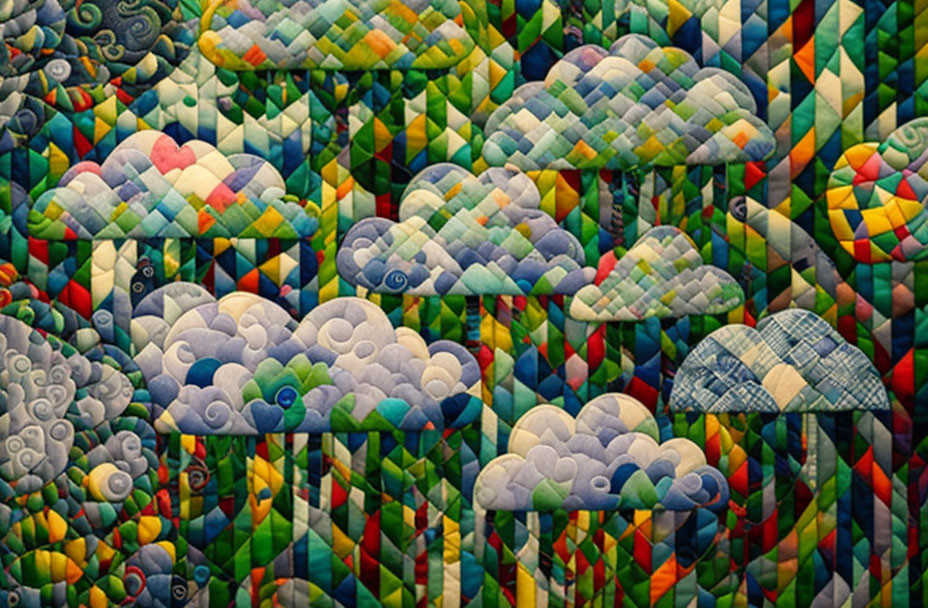 Multicolored Quilt Pattern with Stylized Clouds