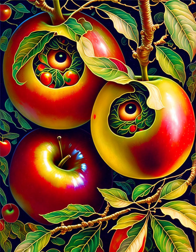Surreal illustration: red apples with eyes on branch, green leaves, dark background