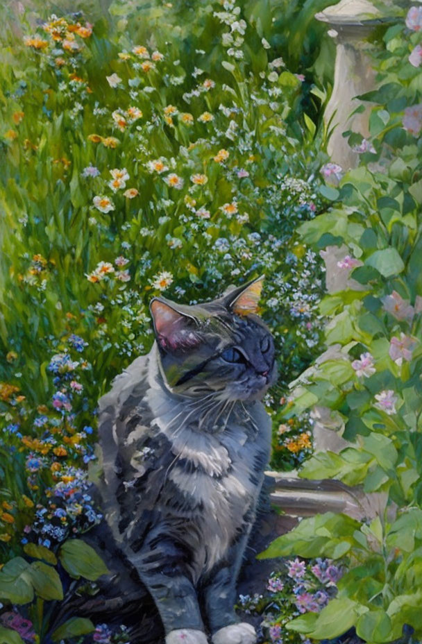 Tabby cat in garden with stone railing and flowers