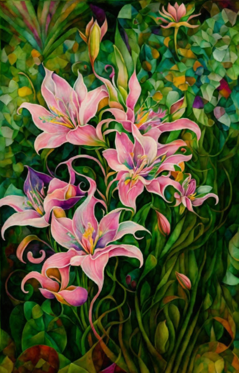 Pink lilies and green foliage on colorful mosaic background