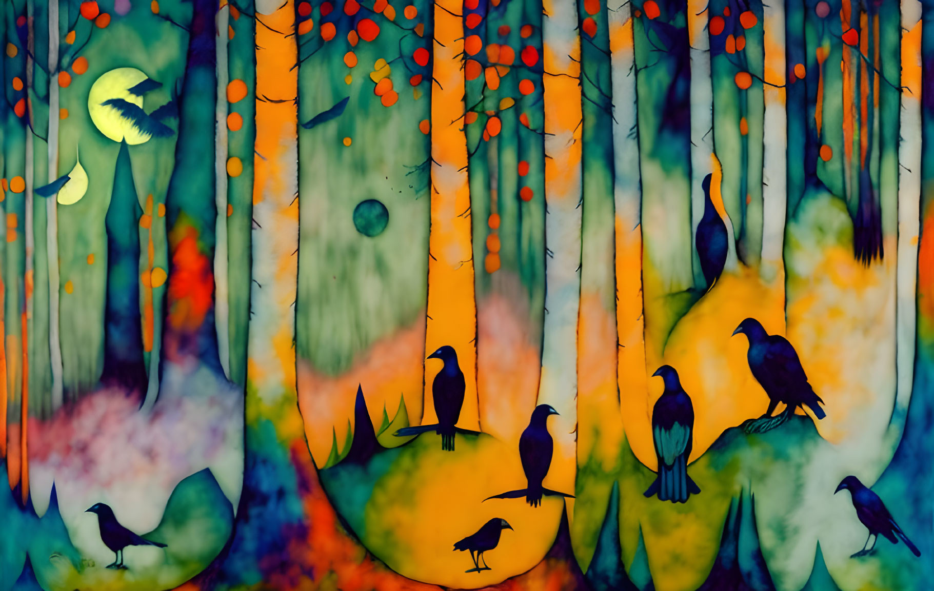 Colorful forest scene with silhouetted birds, crescent moon, and whimsical vibe