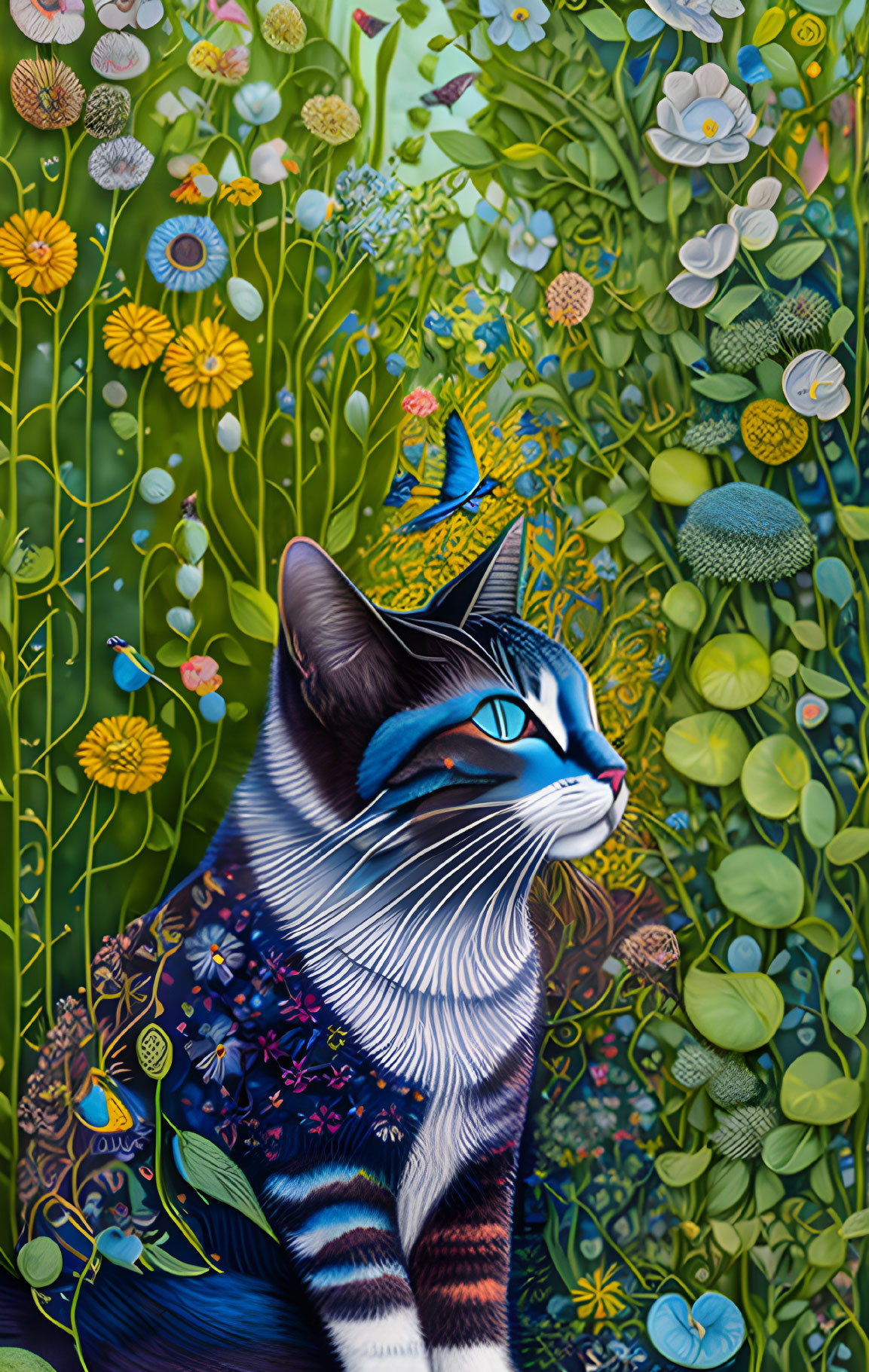 Colorful Cat Illustration with Floral and Butterfly Background