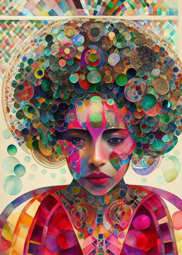 Vibrant surreal portrait with colorful Afro and abstract background