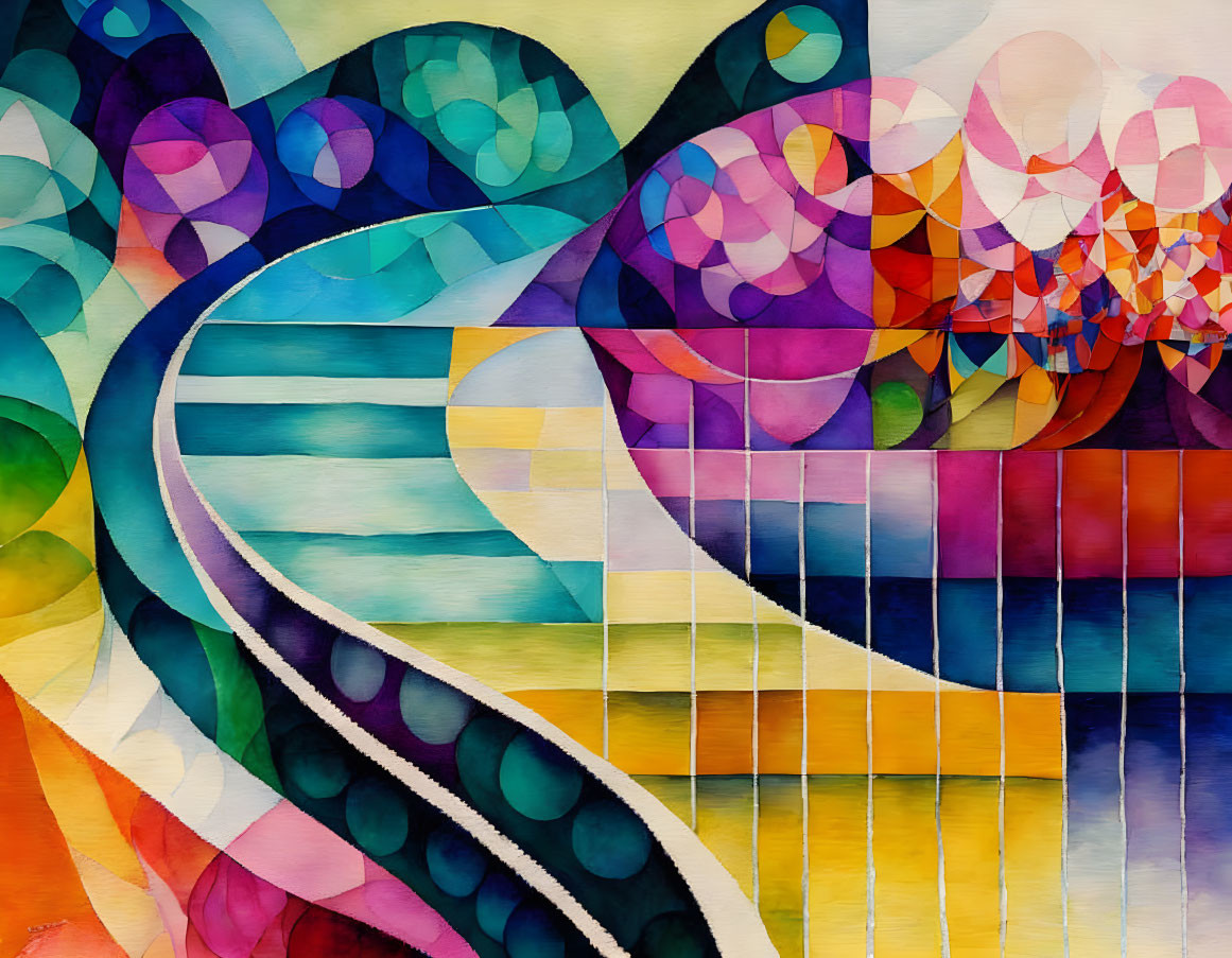 Vibrant Abstract Painting: Colorful Geometric Shapes & Wavy Lines