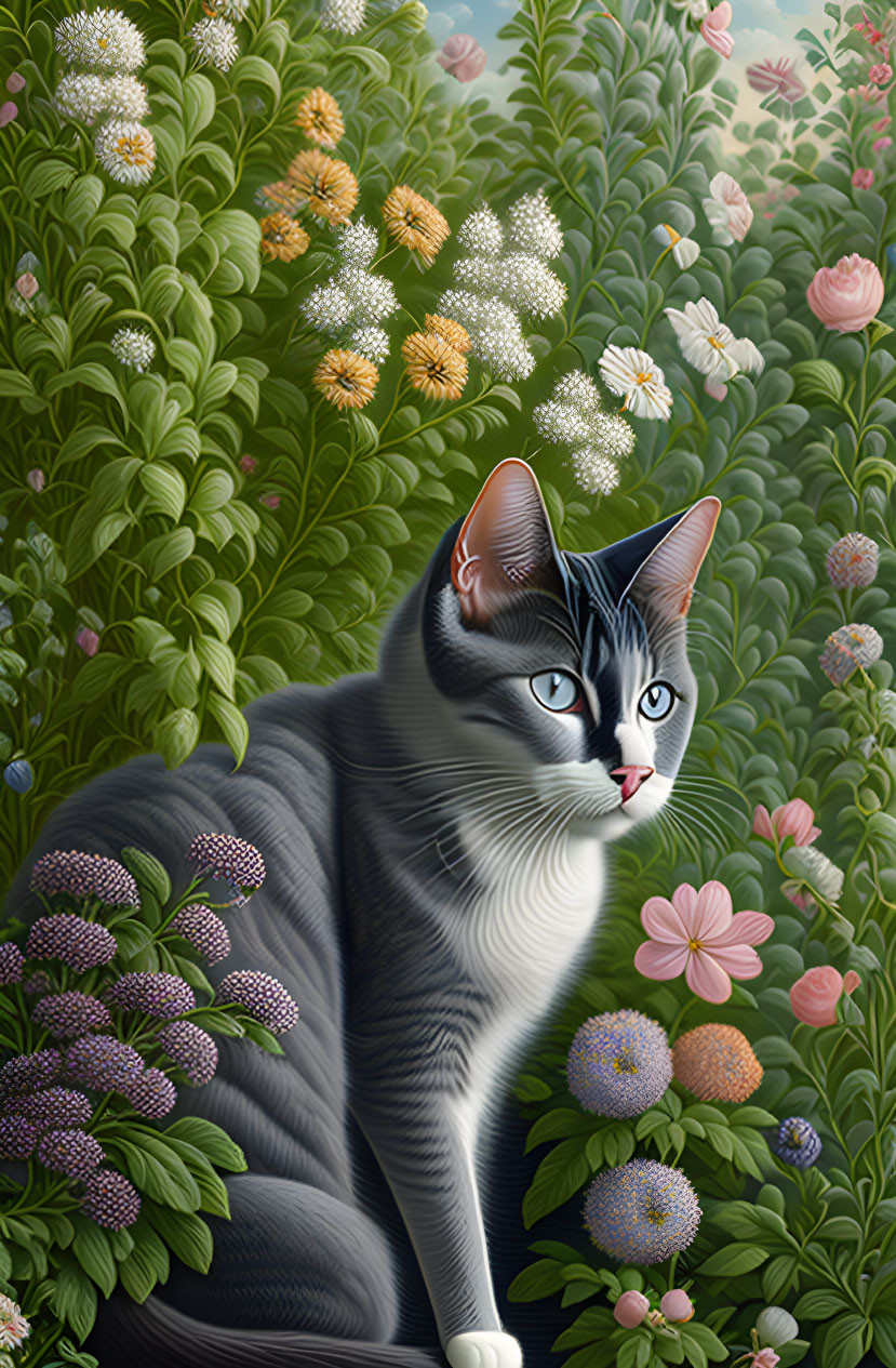 Grey and White Cat with Blue Eyes in Lush Garden Scene