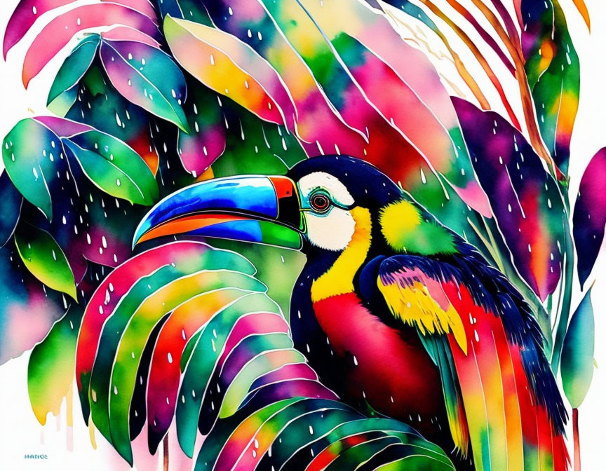 Colorful Toucan in Tropical Foliage Watercolor Illustration