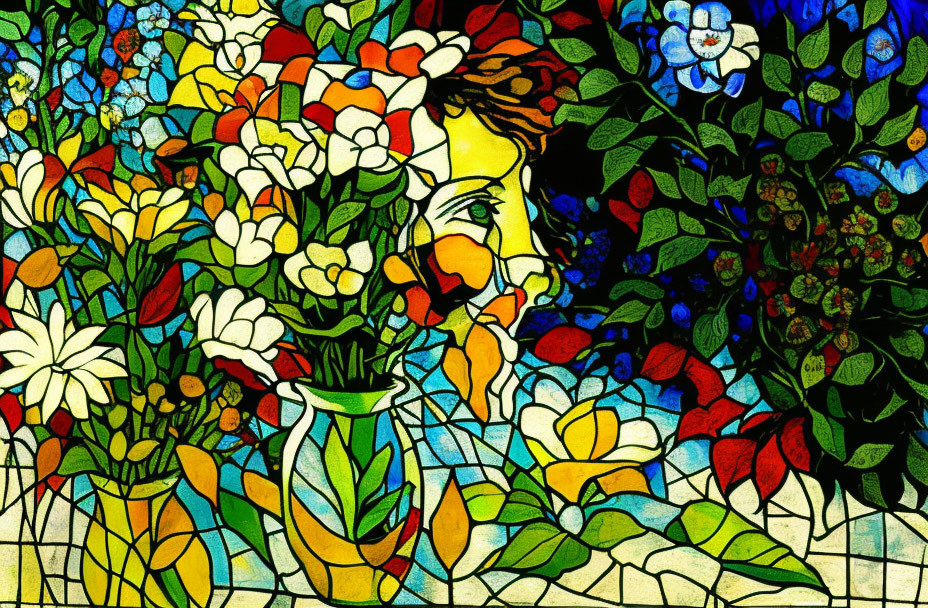 Vibrant floral stained glass profile illustration