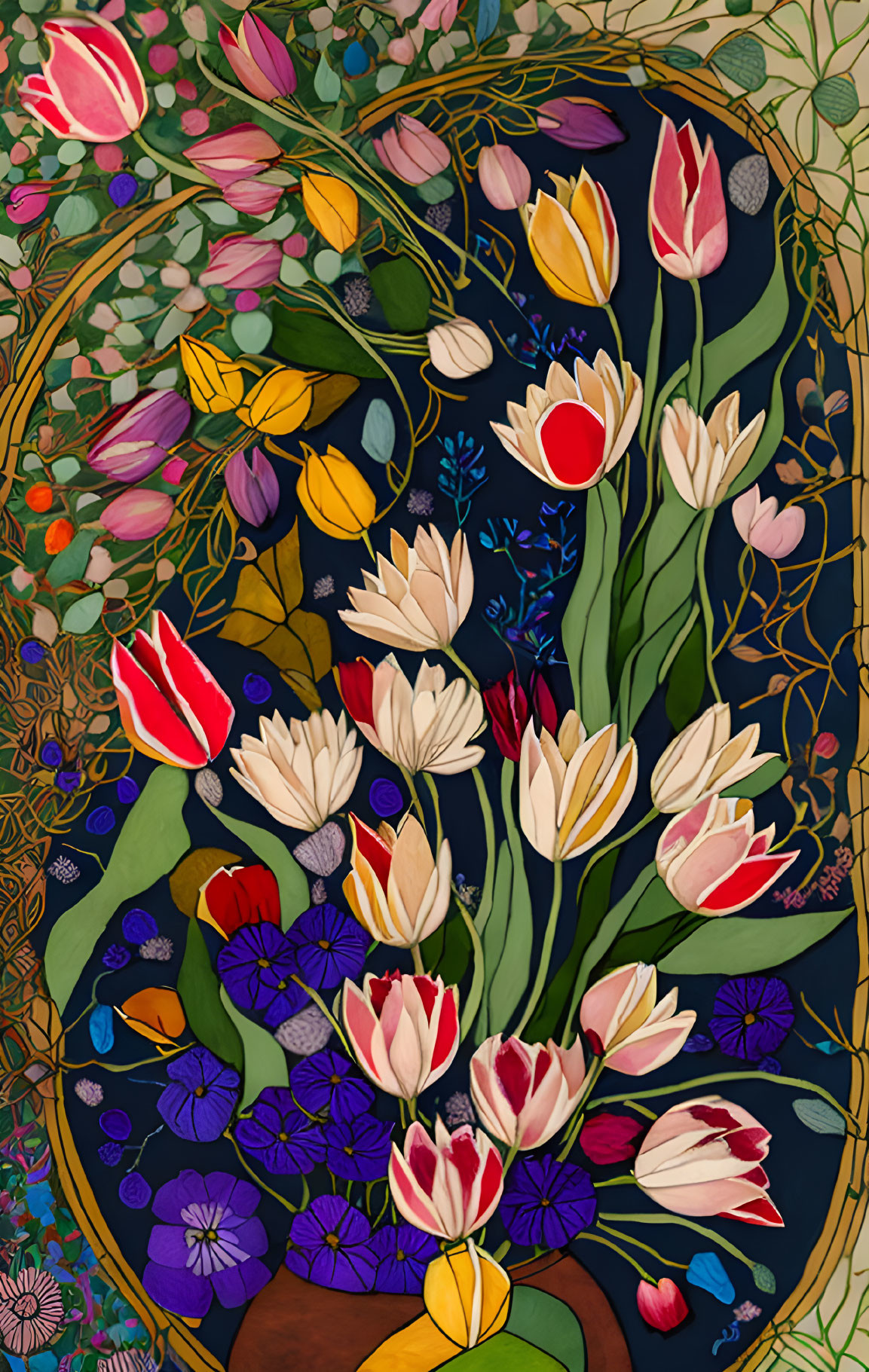 Colorful Tulips and Flora Painting with Art Nouveau Style