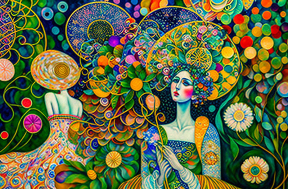 Colorful Artwork Featuring Stylized Woman and Cosmic Motifs