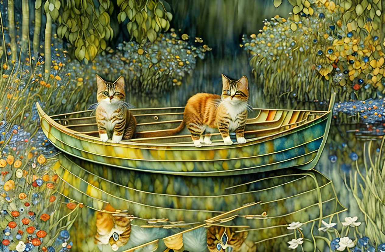 Colorful Art: Two Cats in Canoe Surrounded by Lush Vegetation