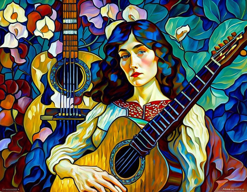 Colorful painting: Woman with guitar amid floral patterns