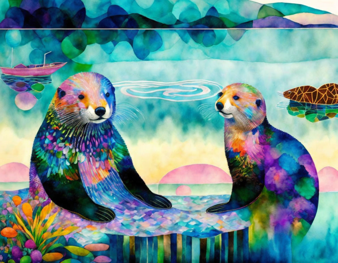 Colorful Mosaic Otters with Sea Turtle and Boat on Dock