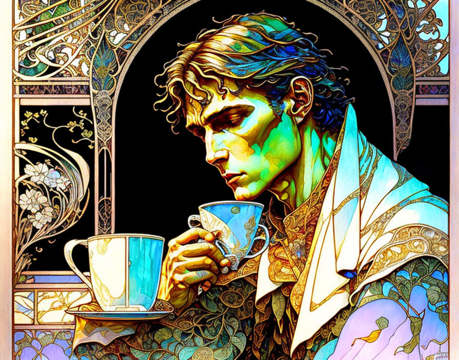 Young man with wavy hair sipping from cup in Art Nouveau-style illustration