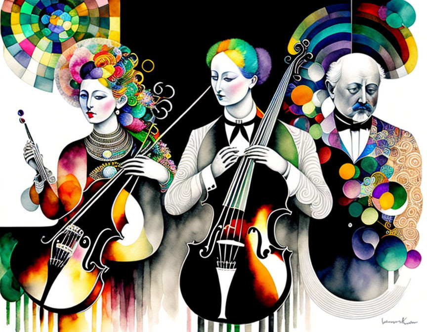 Colorful surrealist artwork featuring three musicians in modern and classical styles