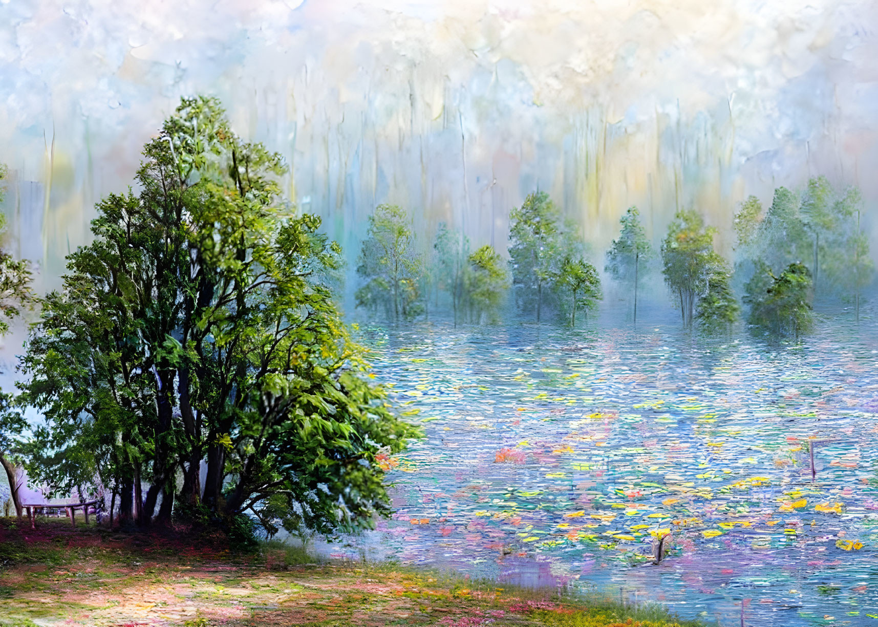 Vibrant Pond With Water Lilies and Trees in Impressionistic Landscape