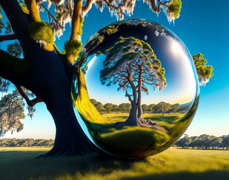 Surreal crystal ball reflects inverted landscape with trees and golden light