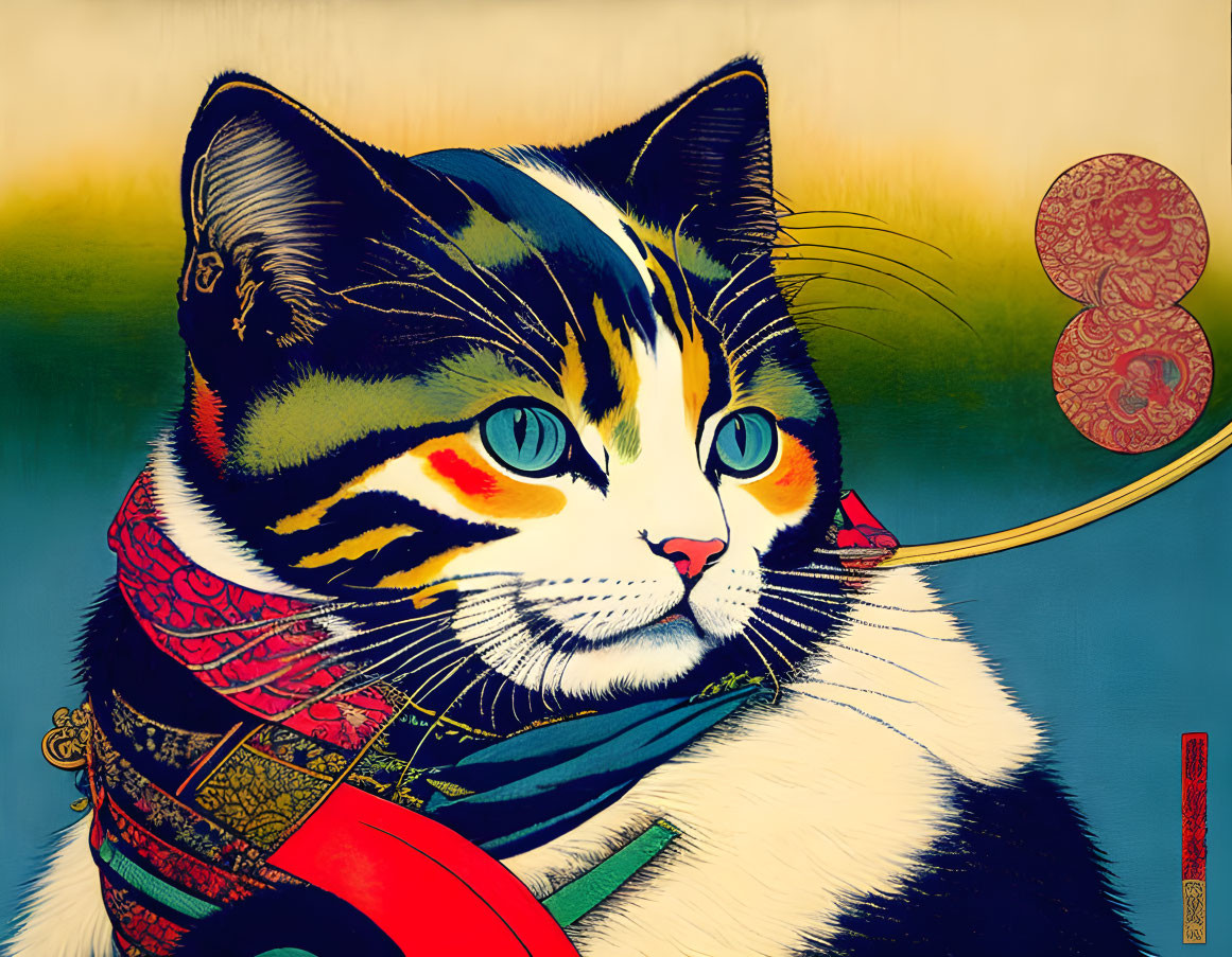 Colorful stylized cat illustration in traditional Japanese attire with intricate designs.