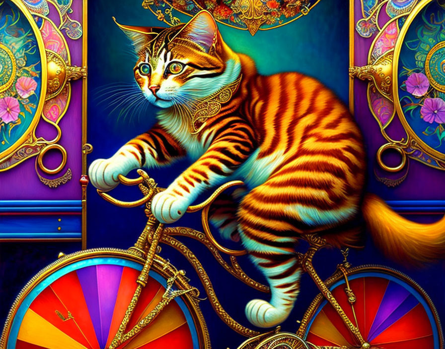 Colorful Cat Illustration Riding Ornate Bicycle