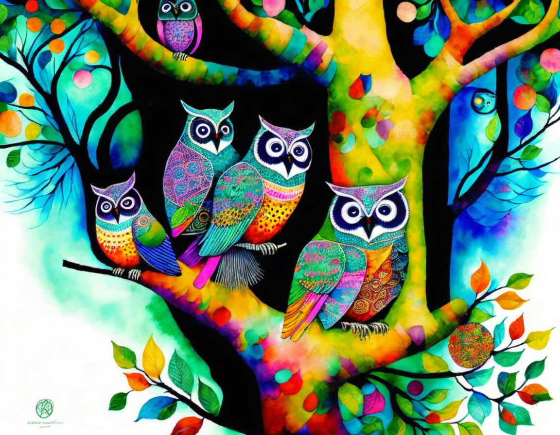 Colorful Owl Artwork with Whimsical Tree Branches
