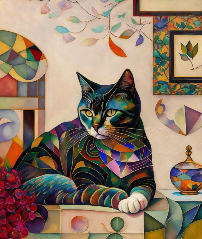 Colorful Cat Painting with Geometric and Floral Designs