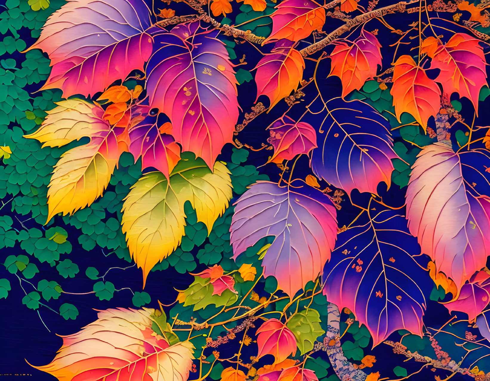 Colorful Autumn Leaves Illustration on Dark Blue Background