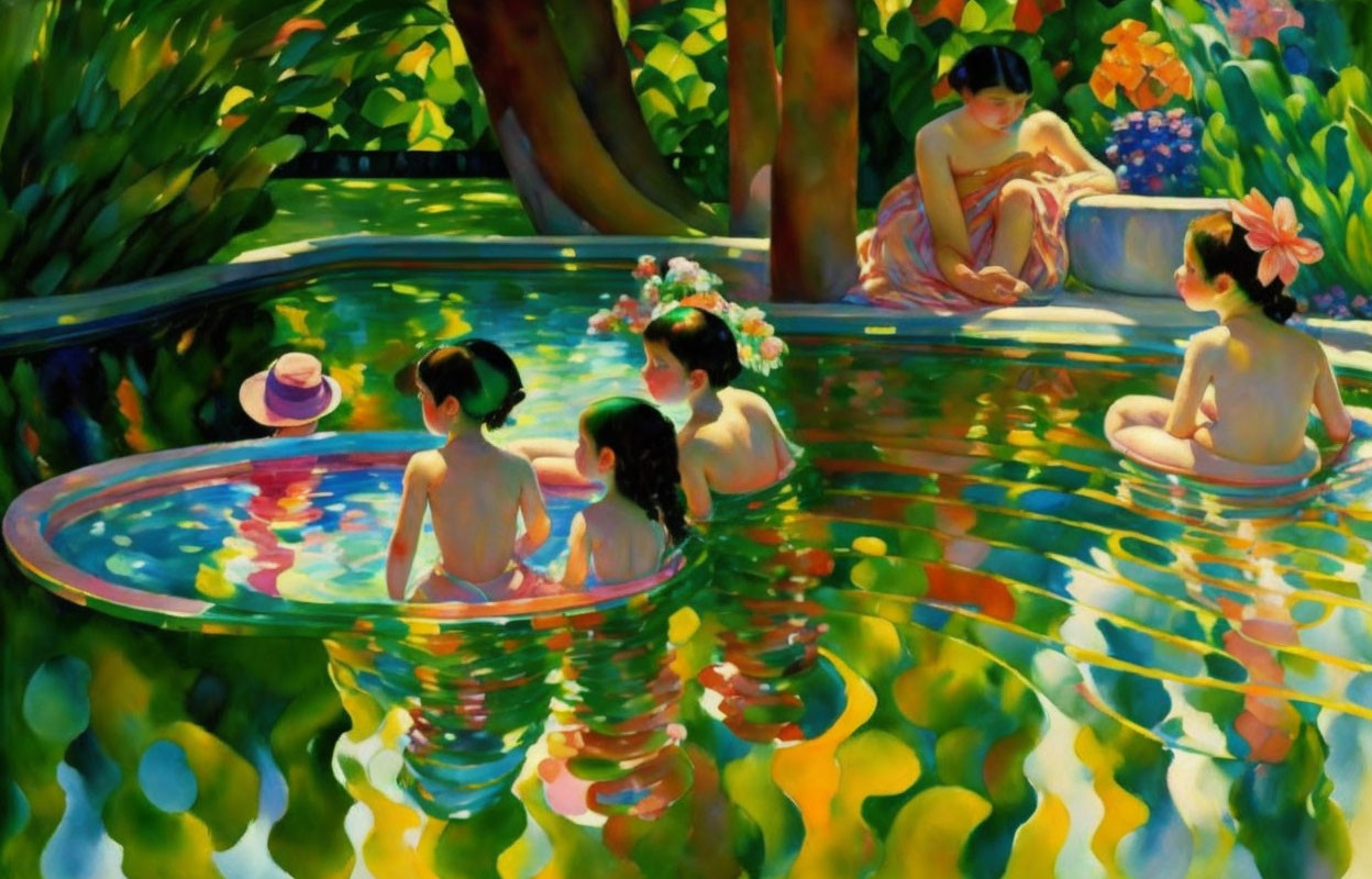 Colorful painting of five people at poolside oasis