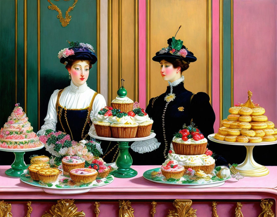 Elegantly dressed women by lavish dessert table with cakes and pastries