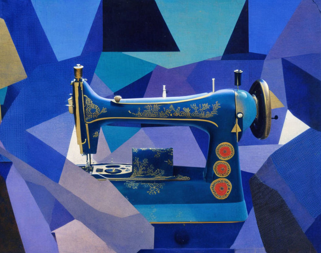 Vintage Blue Sewing Machine on Abstract Geometric Blue Background