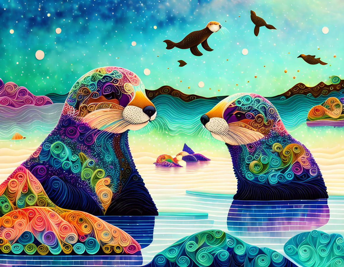 Vibrant illustration of whimsical sea lions on surreal beachscape