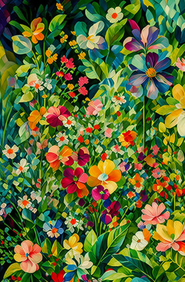 Colorful Floral Painting with Vibrant Flowers and Leaves