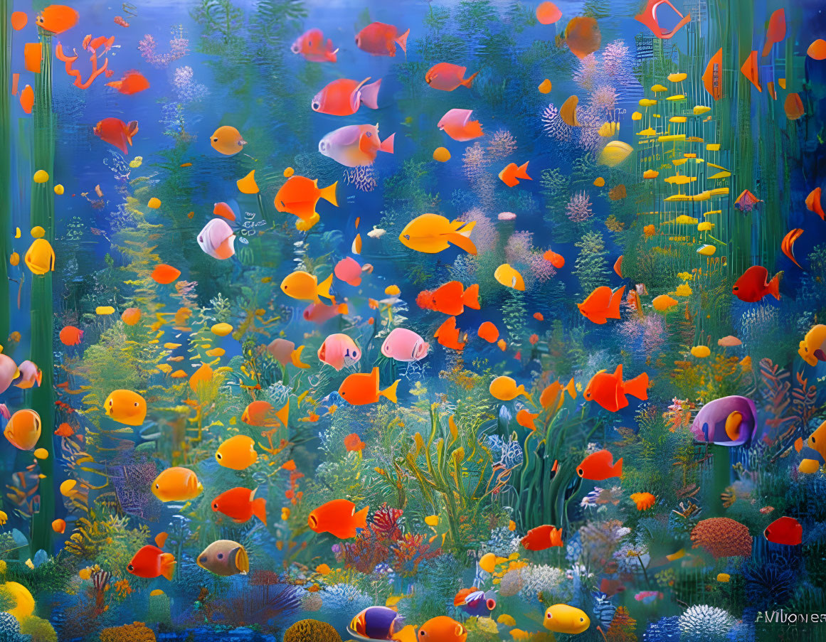 Colorful Fish Swimming Among Coral in Vibrant Underwater Scene