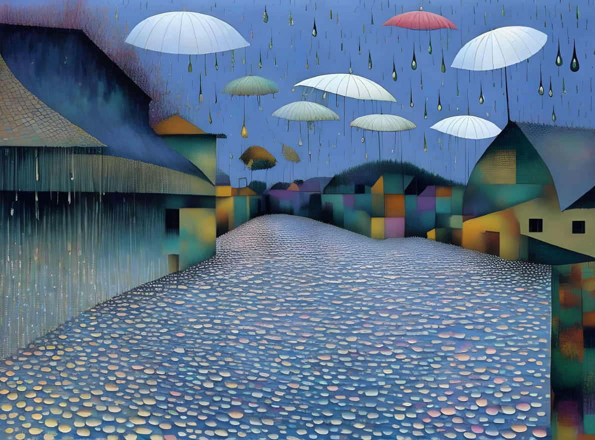 Colorful umbrellas and raindrops over cobblestone path in surreal scene.