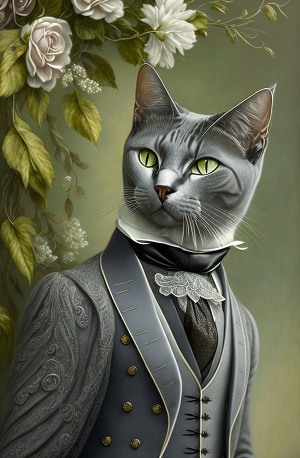 Digital Artwork: Cat in Victorian Suit with Roses